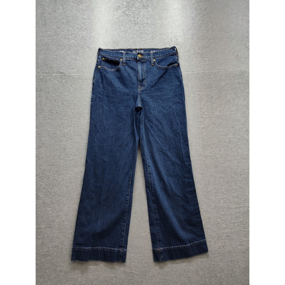 J Crew Women Jeans 28T Blue Zip 5 Pockets High Rise Slim Wide Legs Logo Casual